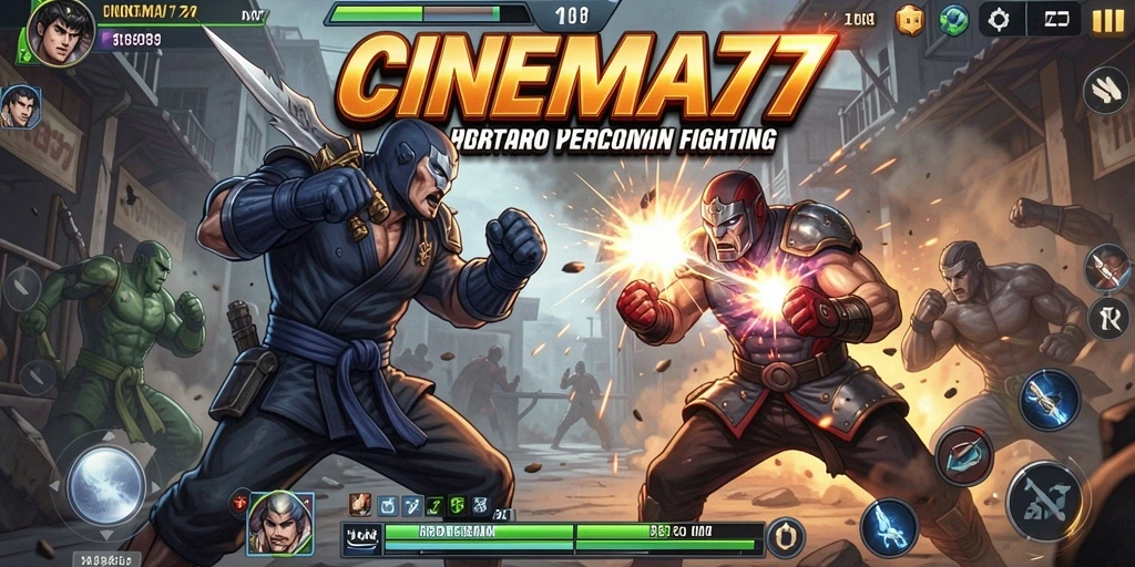 Tampilan gameplay penuh aksi dalam CINEMA77 menunjukkan pertarungan sengit antar karakter.