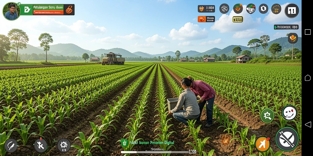 Gameplay FA99 menampilkan aktivitas berkebun yang seru dan interaktif.