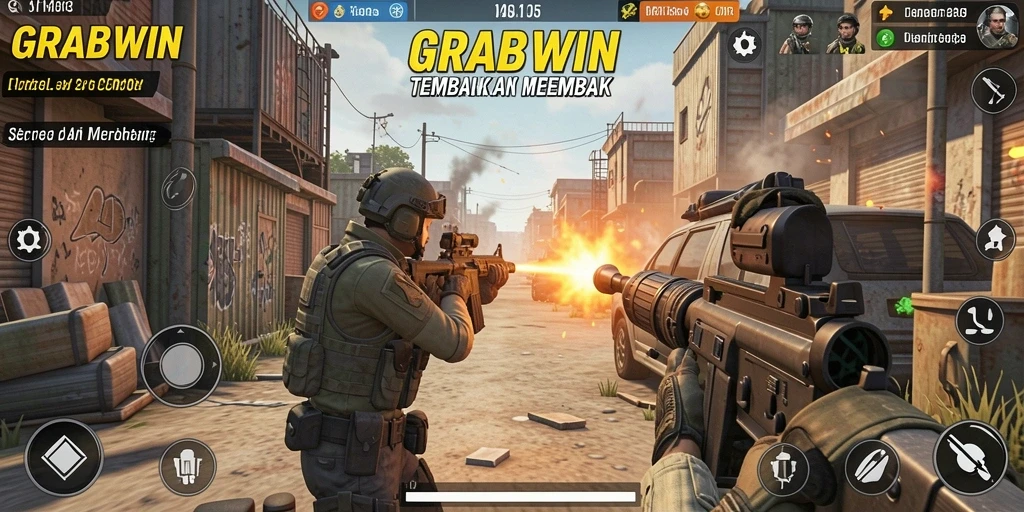 Tampilan dinamis gameplay GRABWIN dalam pertempuran TPS yang seru.