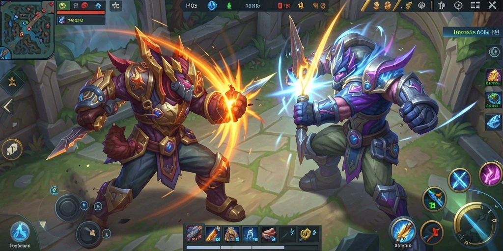 Screenshot H03 menunjukkan duel seru antar karakter di arena MOBA.