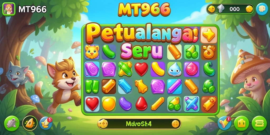 Screenshot gameplay MT966 yang menampilkan kombinasi berwarna-warni dalam permainan Match-3.