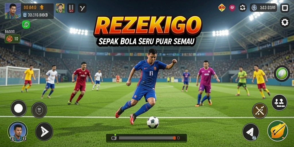 Tampilan gameplay seru di REZEKIGO dengan aksi sepak bola nyata.