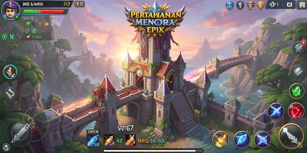 Gameplay W67 menampilkan menara dan musuh yang beragam dalam pertempuran strategi.